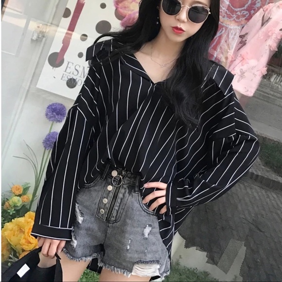 Tops - Black Oversized Striped Casual Office Blouse Shirt